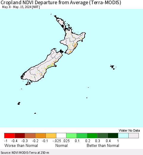 New Zealand Cropland NDVI Departure from Average (Terra-MODIS) Thematic Map For 5/8/2024 - 5/15/2024