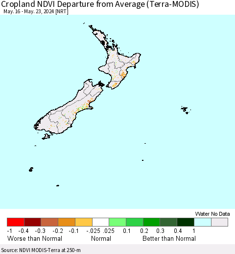New Zealand Cropland NDVI Departure from Average (Terra-MODIS) Thematic Map For 5/16/2024 - 5/23/2024