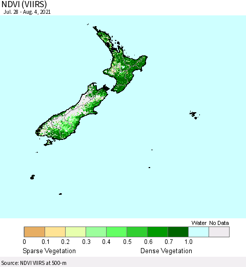New Zealand NDVI (VIIRS) Thematic Map For 7/28/2021 - 8/4/2021
