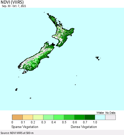 New Zealand NDVI (VIIRS) Thematic Map For 9/30/2021 - 10/7/2021