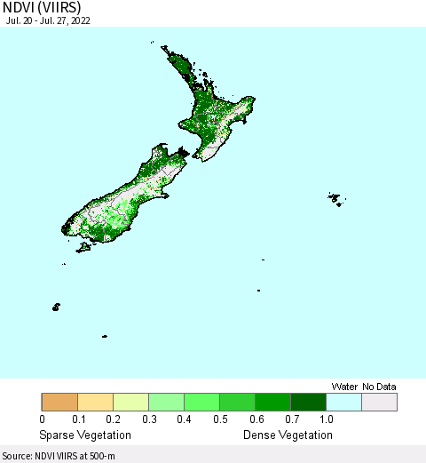 New Zealand NDVI (VIIRS) Thematic Map For 7/20/2022 - 7/27/2022