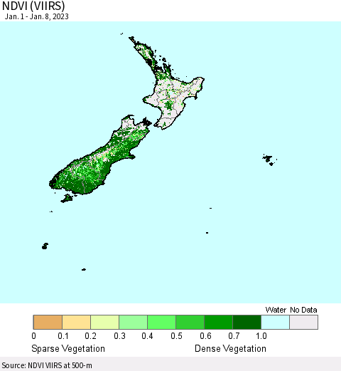 New Zealand NDVI (VIIRS) Thematic Map For 1/1/2023 - 1/8/2023