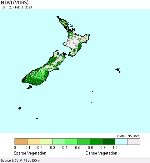 New Zealand NDVI (VIIRS) Thematic Map For 1/25/2023 - 2/1/2023
