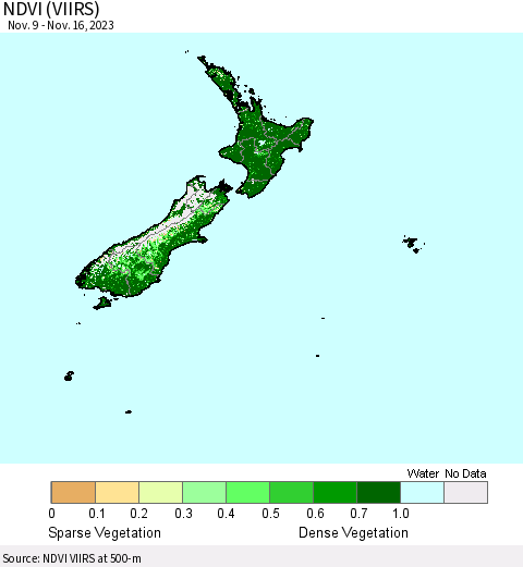 New Zealand NDVI (VIIRS) Thematic Map For 11/9/2023 - 11/16/2023