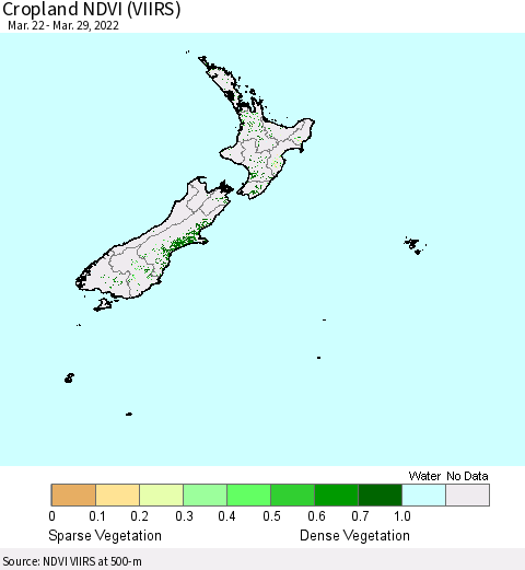 New Zealand Cropland NDVI (VIIRS) Thematic Map For 3/22/2022 - 3/29/2022