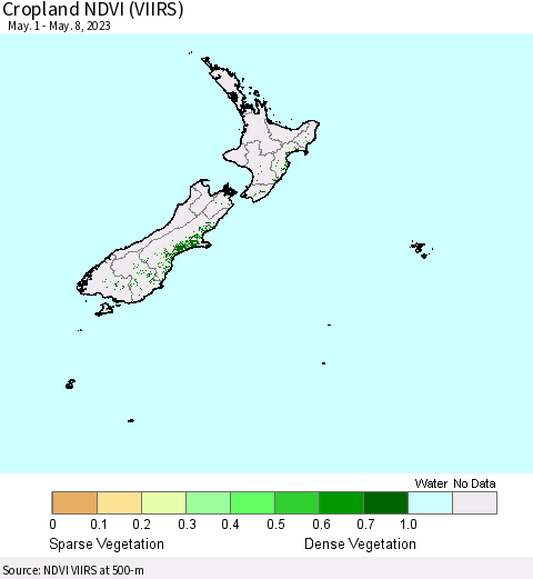 New Zealand Cropland NDVI (VIIRS) Thematic Map For 5/1/2023 - 5/8/2023