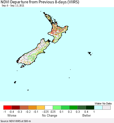 New Zealand NDVI Departure from Previous 8-days (VIIRS) Thematic Map For 9/6/2021 - 9/13/2021