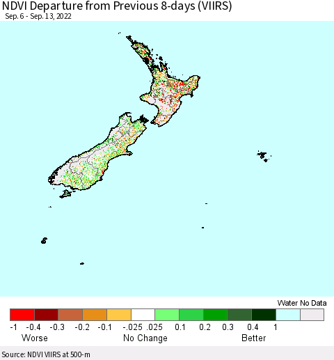New Zealand NDVI Departure from Previous 8-days (VIIRS) Thematic Map For 9/6/2022 - 9/13/2022