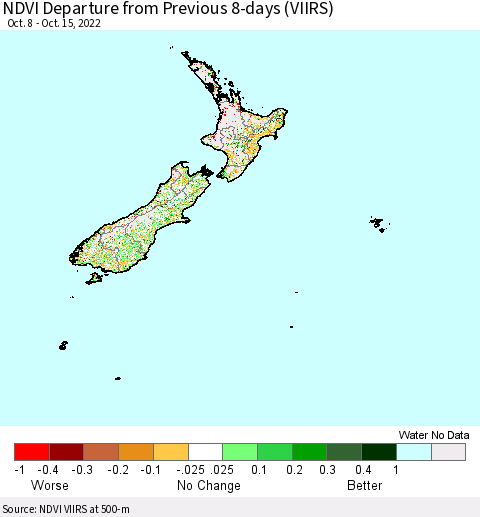 New Zealand NDVI Departure from Previous 8-days (VIIRS) Thematic Map For 10/8/2022 - 10/15/2022