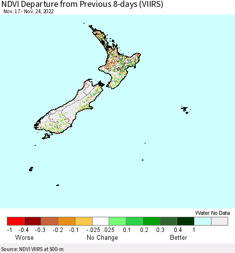 New Zealand NDVI Departure from Previous 8-days (VIIRS) Thematic Map For 11/17/2022 - 11/24/2022