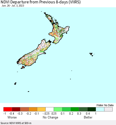 New Zealand NDVI Departure from Previous 8-days (VIIRS) Thematic Map For 6/26/2023 - 7/3/2023