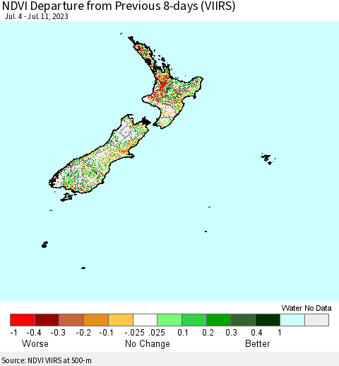 New Zealand NDVI Departure from Previous 8-days (VIIRS) Thematic Map For 7/4/2023 - 7/11/2023