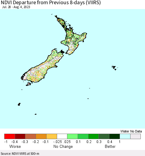 New Zealand NDVI Departure from Previous 8-days (VIIRS) Thematic Map For 7/28/2023 - 8/4/2023