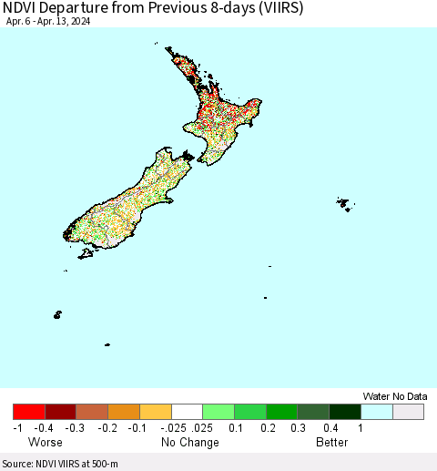 New Zealand NDVI Departure from Previous 8-days (VIIRS) Thematic Map For 4/6/2024 - 4/13/2024
