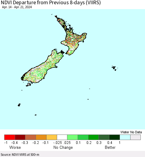 New Zealand NDVI Departure from Previous 8-days (VIIRS) Thematic Map For 4/14/2024 - 4/21/2024