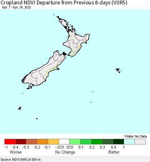 New Zealand Cropland NDVI Departure from Previous 8-days (VIIRS) Thematic Map For 4/7/2021 - 4/14/2021