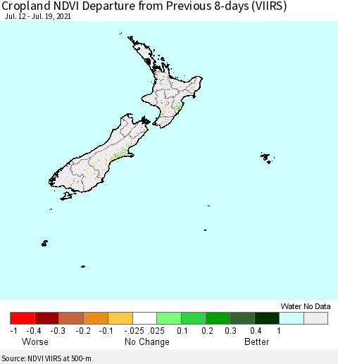 New Zealand Cropland NDVI Departure from Previous 8-days (VIIRS) Thematic Map For 7/12/2021 - 7/19/2021