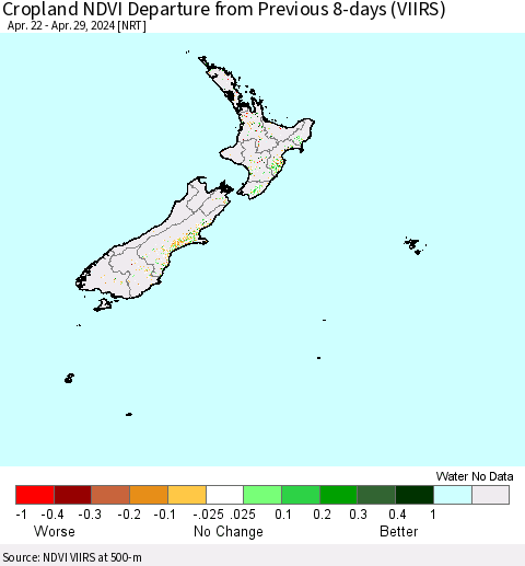 New Zealand Cropland NDVI Departure from Previous 8-days (VIIRS) Thematic Map For 4/22/2024 - 4/29/2024