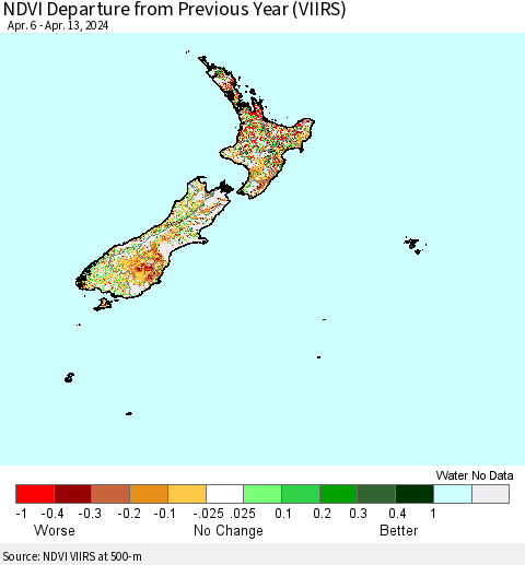 New Zealand NDVI Departure from Previous Year (VIIRS) Thematic Map For 4/6/2024 - 4/13/2024