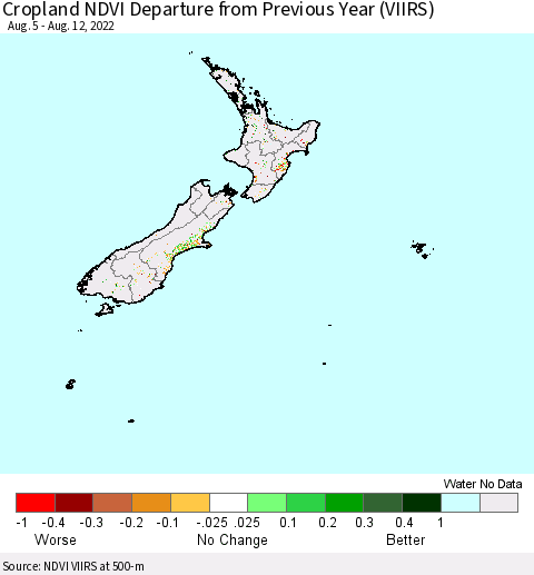 New Zealand Cropland NDVI Departure from Previous Year (VIIRS) Thematic Map For 8/5/2022 - 8/12/2022