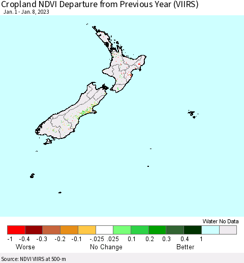 New Zealand Cropland NDVI Departure from Previous Year (VIIRS) Thematic Map For 1/1/2023 - 1/8/2023