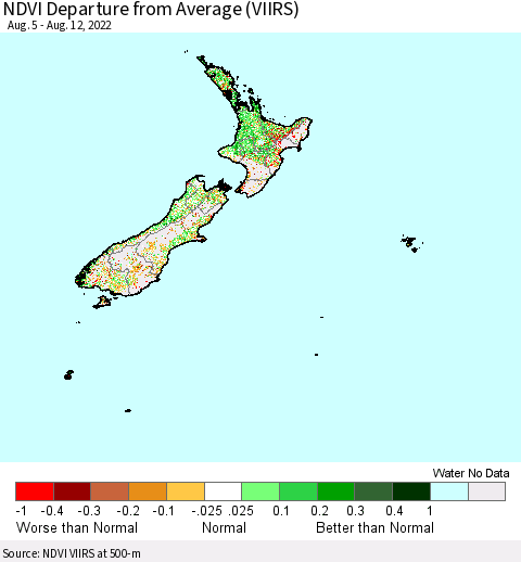 New Zealand NDVI Departure from Average (VIIRS) Thematic Map For 8/5/2022 - 8/12/2022