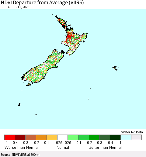 New Zealand NDVI Departure from Average (VIIRS) Thematic Map For 7/4/2023 - 7/11/2023
