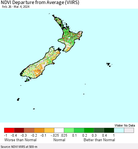 New Zealand NDVI Departure from Average (VIIRS) Thematic Map For 2/26/2024 - 3/4/2024