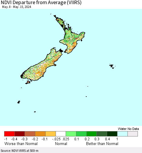 New Zealand NDVI Departure from Average (VIIRS) Thematic Map For 5/8/2024 - 5/15/2024
