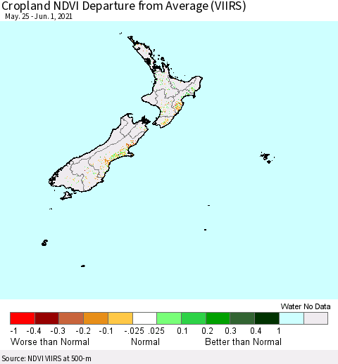 New Zealand Cropland NDVI Departure from Average (VIIRS) Thematic Map For 5/25/2021 - 6/1/2021