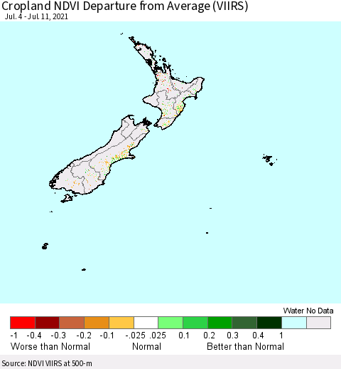 New Zealand Cropland NDVI Departure from Average (VIIRS) Thematic Map For 7/4/2021 - 7/11/2021