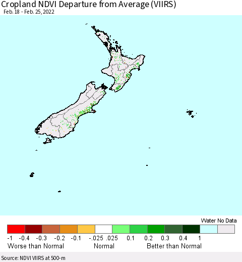 New Zealand Cropland NDVI Departure from Average (VIIRS) Thematic Map For 2/18/2022 - 2/25/2022