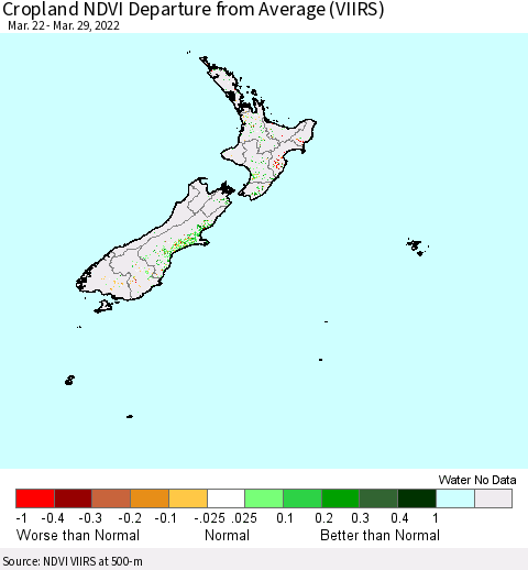 New Zealand Cropland NDVI Departure from Average (VIIRS) Thematic Map For 3/22/2022 - 3/29/2022