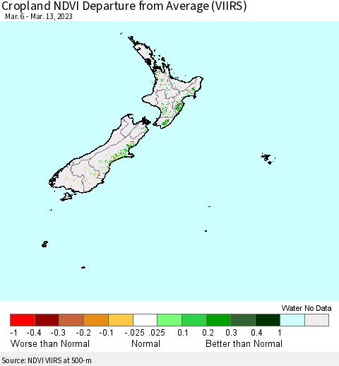 New Zealand Cropland NDVI Departure from Average (VIIRS) Thematic Map For 3/6/2023 - 3/13/2023