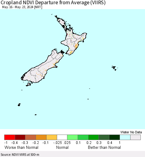 New Zealand Cropland NDVI Departure from Average (VIIRS) Thematic Map For 5/16/2024 - 5/23/2024