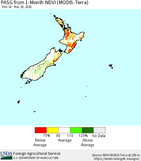 New Zealand PASG from 1-Month NDVI (Terra-MODIS) Thematic Map For 3/11/2020 - 3/20/2020