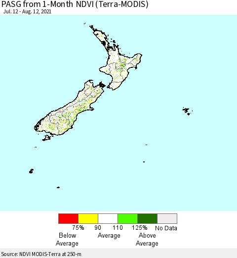 New Zealand PASG from 1-Month NDVI (Terra-MODIS) Thematic Map For 8/5/2021 - 8/12/2021