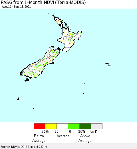 New Zealand PASG from 1-Month NDVI (Terra-MODIS) Thematic Map For 9/6/2021 - 9/13/2021