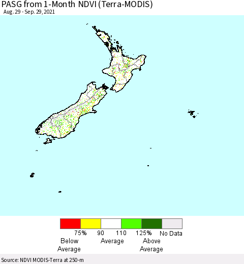 New Zealand PASG from 1-Month NDVI (Terra-MODIS) Thematic Map For 9/22/2021 - 9/29/2021