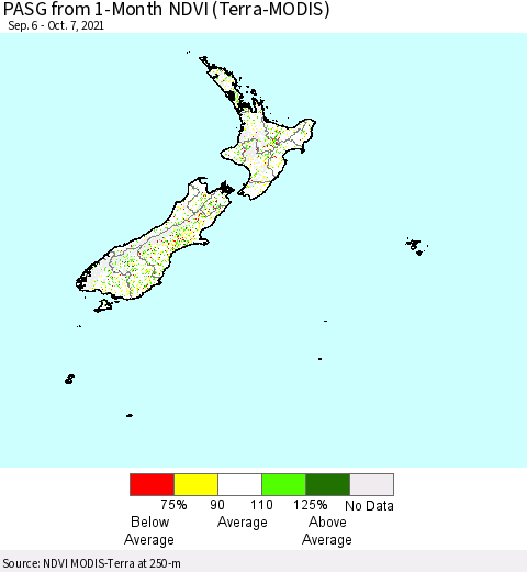 New Zealand PASG from 1-Month NDVI (Terra-MODIS) Thematic Map For 9/30/2021 - 10/7/2021