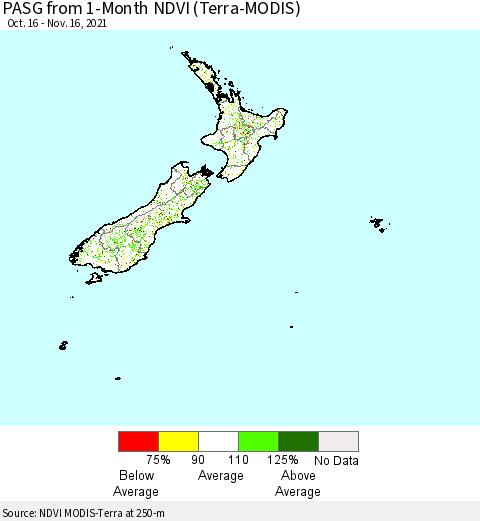 New Zealand PASG from 1-Month NDVI (Terra-MODIS) Thematic Map For 11/9/2021 - 11/16/2021