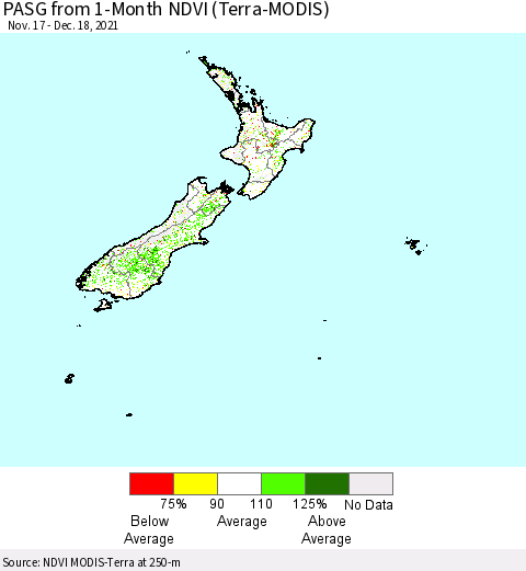 New Zealand PASG from 1-Month NDVI (Terra-MODIS) Thematic Map For 12/11/2021 - 12/18/2021