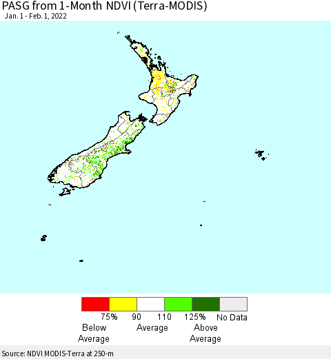 New Zealand PASG from 1-Month NDVI (Terra-MODIS) Thematic Map For 1/25/2022 - 2/1/2022
