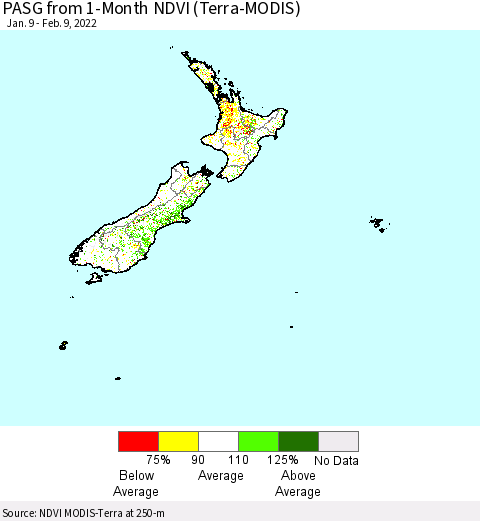 New Zealand PASG from 1-Month NDVI (Terra-MODIS) Thematic Map For 2/2/2022 - 2/9/2022