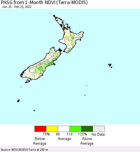 New Zealand PASG from 1-Month NDVI (Terra-MODIS) Thematic Map For 2/18/2022 - 2/25/2022