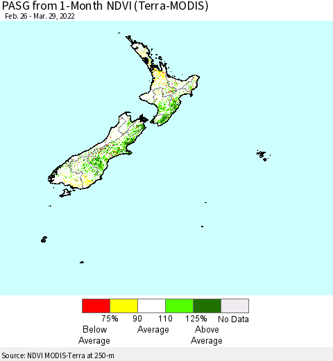 New Zealand PASG from 1-Month NDVI (Terra-MODIS) Thematic Map For 3/22/2022 - 3/29/2022
