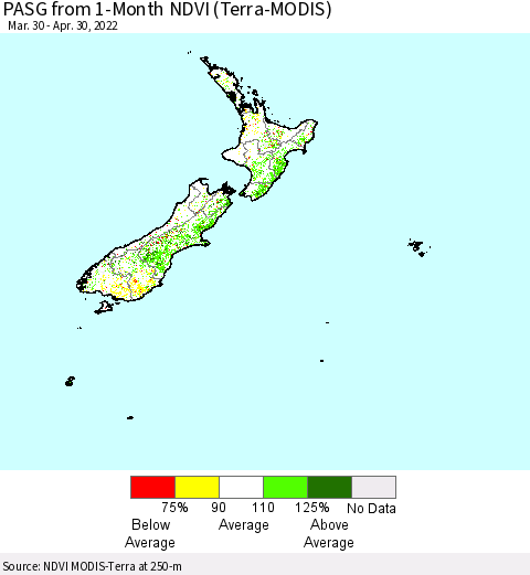 New Zealand PASG from 1-Month NDVI (Terra-MODIS) Thematic Map For 4/23/2022 - 4/30/2022