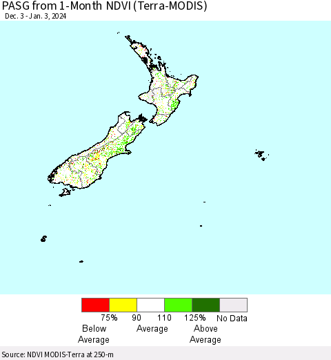 New Zealand PASG from 1-Month NDVI (Terra-MODIS) Thematic Map For 12/27/2023 - 1/3/2024