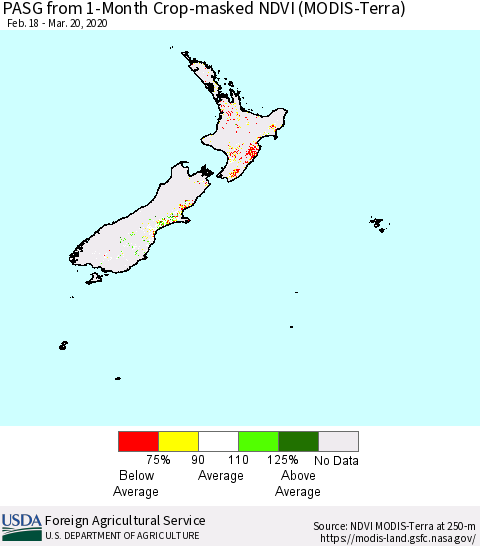 New Zealand PASG from 1-Month Cropland NDVI (Terra-MODIS) Thematic Map For 3/11/2020 - 3/20/2020