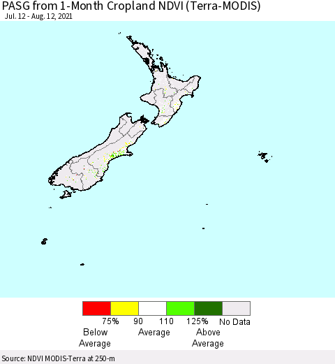 New Zealand PASG from 1-Month Cropland NDVI (Terra-MODIS) Thematic Map For 8/5/2021 - 8/12/2021